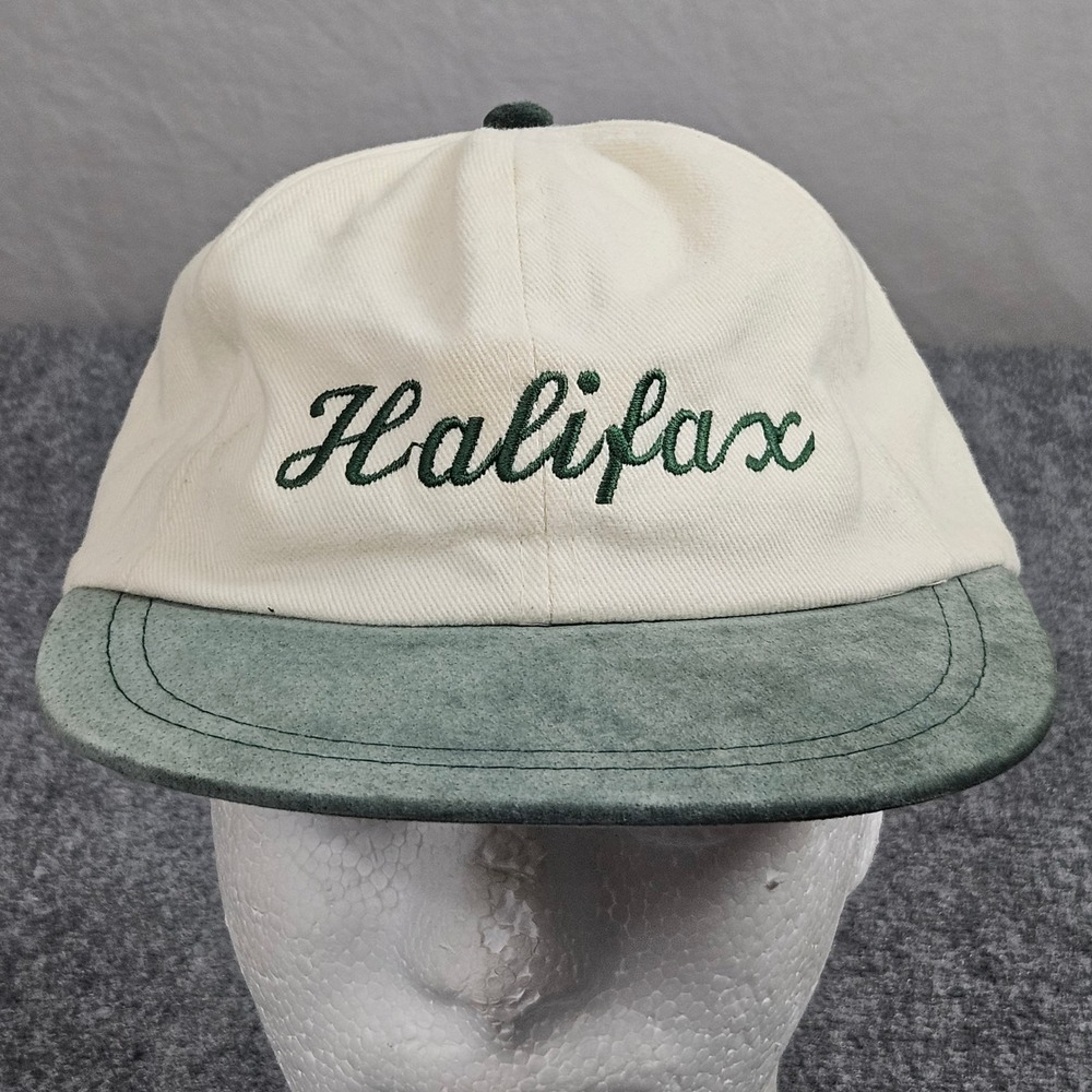 Vintage Halifax Nova Scotia Cap‎ Cream Green Suede Brim Script Casual Dad Hat